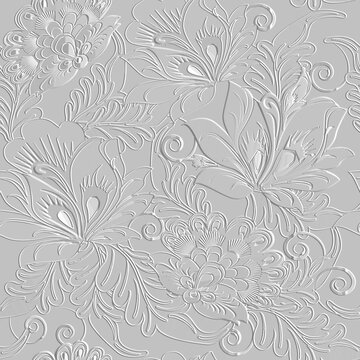 Textured floral 3d lines seamless pattern. Embossed white grunge background. Vintage emboss beautiful textured flowers, leaves. Repeat surface vector backdrop. Ethnic relief line art floral ornaments