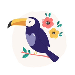 Vector illustration of a cute toucan and blooming flowers