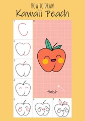 How to draw kawaii peach for children. Step by step drawing tutorial. Easy  guide to learning to draw. Activity game for kids. 