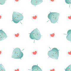 Seamless pattern with funny green leaves and hearts