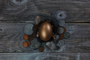 Golden egg in nest on top of vintage coins