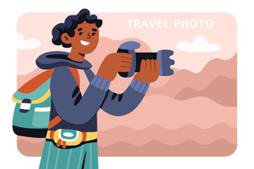 Cheerful man taking photo or filming. Male travel photographer or blogger shooting with camera. Backpack, curly hair, brown skin, smile. Photography day. Flat hand drawn cartoon vector illustration