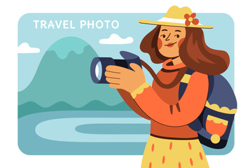 Cheerful girl taking photo or filming. Female travel photographer or blogger shooting with camera. Hat, backpack, long hair, smile. Photography day. Flat hand drawn cartoon vector illustration