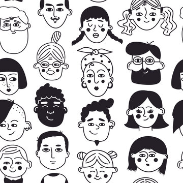 Seamless vector pattern with abstract doodle faces. Background with hand drawn portraits of people of different nationalities, ethnicities, age and gender. Funny linear characters