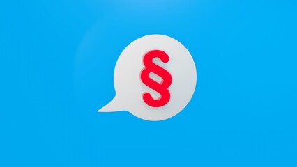 Rotes Paragraphensymbol auf einer weissen Sprechblase mit blauem Hintergrund, 3D-Rendering

