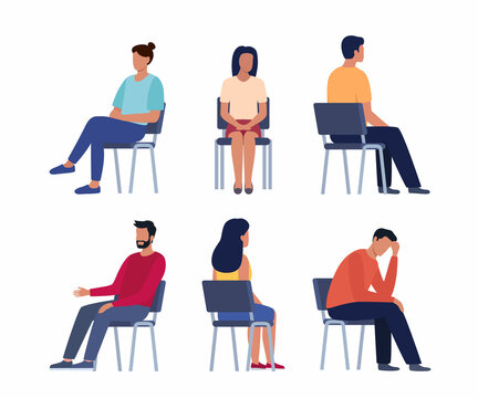 People are sitting on chairs. Men and women sit in different poses on chairs turned from different sides. Vector set.