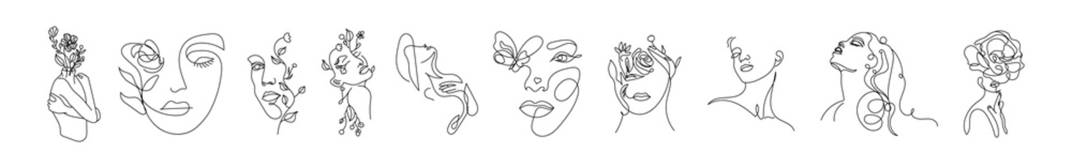 Modern abstract line minimalistic women faces arts set. Postcard or brochure cover design. Different woman faces. One line art. Vector illustrations design