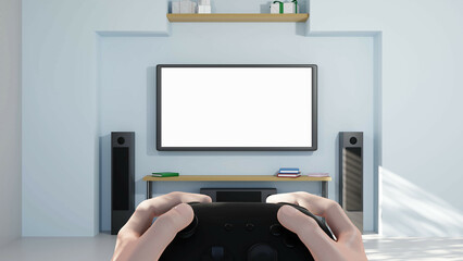 Hand hold joystick gamepad controller with blank screen television in the room for background 3D rendering illustration 