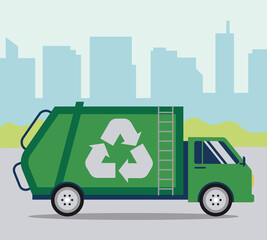 Recycle Truck In The City Concept Vector Illustration In Flat Style