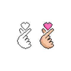 korean finger heart, love hand gesture. Pixel art line icon vector icon illustration