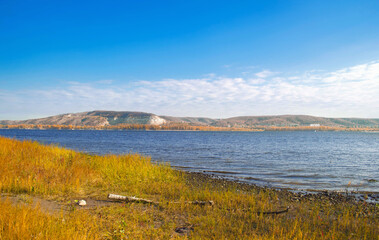 View of the Volga River and mountains from the banks of the Samarskaya Luka. Samara National Park.