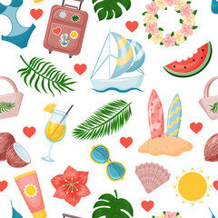 seamless pattern from cute summer elements suitcase, fruit, drinks, palm leaves, swimsuit, flowers. Endless texture. Vector illustration. Cartoon style.