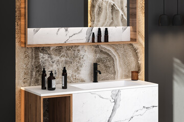 Close up of sink with square mirror standing in on marble wall, white cabinet with black faucet in minimalist bathroom. Side view. 3d rendering
