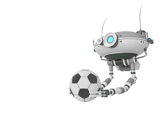 floating robot is holding a football ball in white background side view with copy space