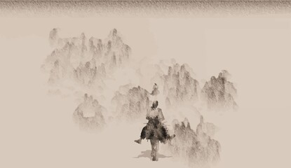 2D illustration - Panorama of Pamir mountains with two travelers on donkeys, fog, momochromatic, vintage