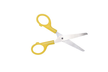 Paper cutting scissors with yellow handle on white background.