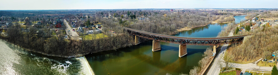 Fototapeta na wymiar Aerial panorama of Paris, Ontario, Canada railway bridge and dam