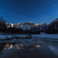 Reflections in the frozen lake at night