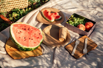 Summer picnic with watermelon. Sliced juicy watermelon and disposable eco-friendly paper tableware