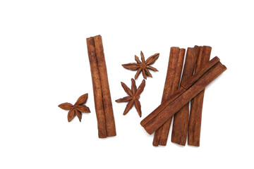 Spices cinnamon and star anise white background.