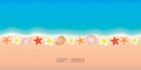Fototapeta na wymiar happy summer holiday marine background with shell starfish and frangipani flower