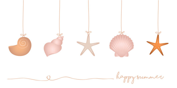 happy summer holiday banner set of hanging sea shell