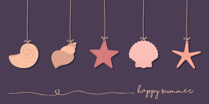 happy summer holiday banner set of hanging sea shell