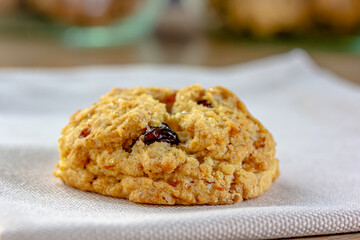 Closeup of a group of assorted Heart cookies. Chocolate , cheese and strawberry , oatmeal , white chocolate fill the frame. Homemade cookies on table. Chocolate chip cookies shot