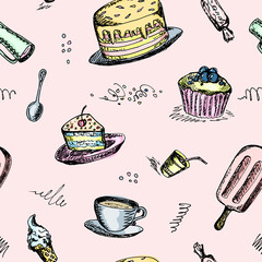 Sweet food sketch painting, hand drawn seamless pattern with dessert sweets on light pink background