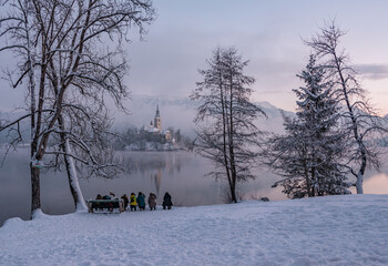 Lake Bled with the church and the castle on a calm winter morning