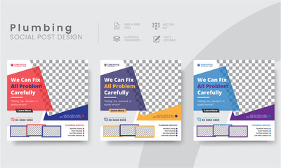 Professional plumber social media post layout templates for business marketing. Modern commercial plumbing social media post design for online advertising.