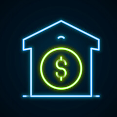Glowing neon line Warehouse price icon isolated on black background. Colorful outline concept. Vector