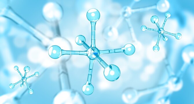 Blue atom model abstract background.3d Illustration of molecules. Blue structures.Lighr blue transparent bubbles.Collagen circular.
