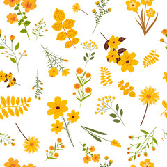 autumn seamless background, leaves, flowers, pattern, vector