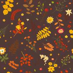 autumn seamless background, leaves, flowers, pattern