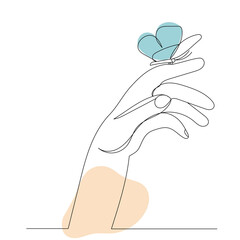 hand with butterfly drawing by one continuous line, sketch vector