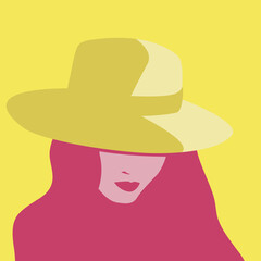 pink and yellow portrait of a woman with her head down in a hat