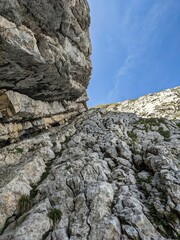 climbing in the east wall channel on the wildhuser schofberg. wanderlust. Hiking in the Alpstein area. High quality photo