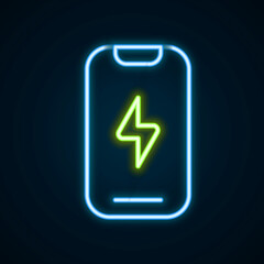 Glowing neon line Smartphone, mobile phone icon isolated on black background. Colorful outline concept. Vector