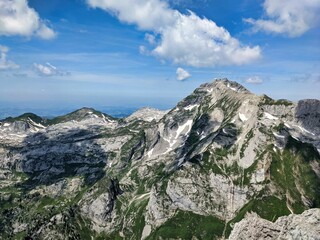 large mountain panorama on the wildhuser schofberg. wanderlust. Hiking in the Alpstein area. High quality photo.