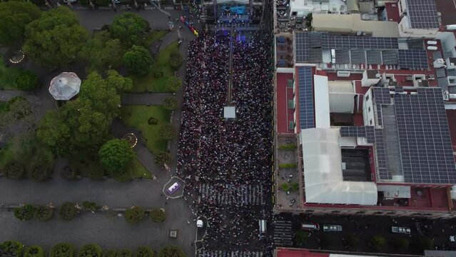 Aerial drone view of Madero Avenue. Bird eye drone shot. Drone footage of downtown of Morelia, Michoacan, Mexico