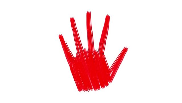 Painted human hand. 2D animation. Red color. Handprint. Five fingers. Concept. White background. isolated object. Welcome gesture.