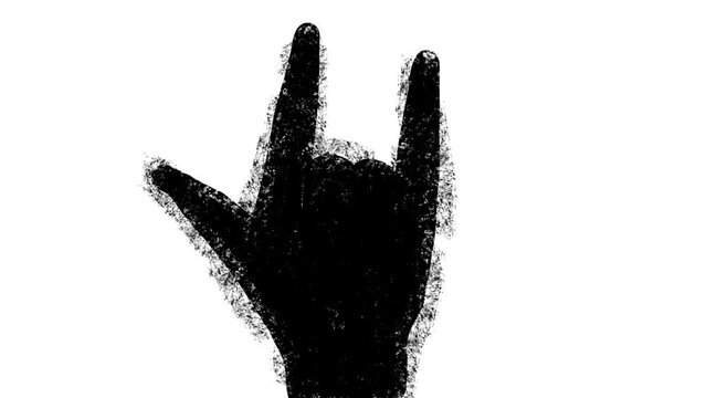 Rock music symbol. Human hand. 2D animation. Black color. Ron-n-roll. Your rock. Handprint. Musical direction. Rock music. Heavy metal. Concept. isolated object. Slogan.