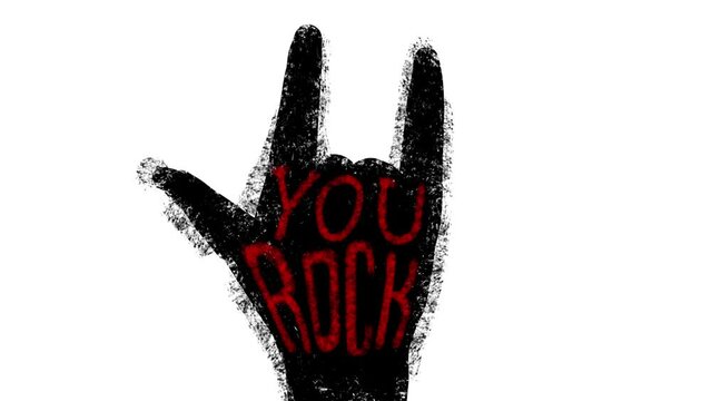 Rock music symbol. Human hand. 2D animation. Black color. Ron-n-roll. Your rock. Handprint. Musical direction. Rock music. Heavy metal. Concept. isolated object. Slogan.