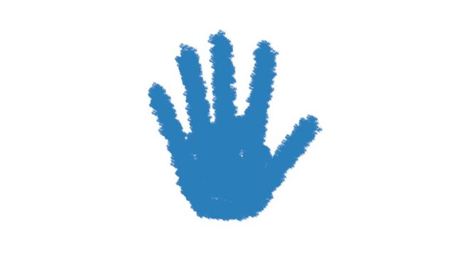 Painted human hand. 2D animation. Blue colour. Handprint. Five fingers. Concept. White background. isolated object. Welcome gesture.