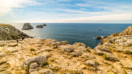 Panoramic seascape of the coast of North-West Normandy. Beach, ocean and cliffs, Etretat, Normandy,...