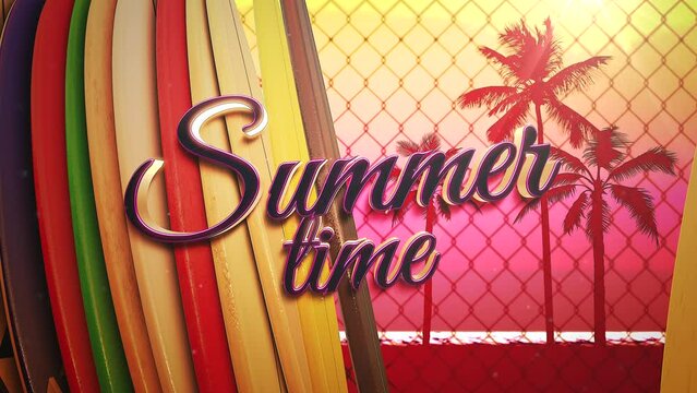 Summer Time on beach with palms tree and surfing boards in sunset, motion promotion, summer and retro style background