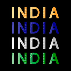 Inscription India in different colors on a black background.