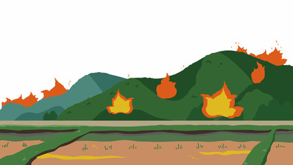 田んぼと山　山火事