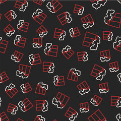 Line Oil and gas industrial factory building icon isolated seamless pattern on black background. Vector